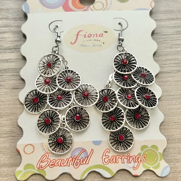 NWT Fiona Silver Tone Red Rhinestone Chandelier Earrings Boho Statement - Picture 2 of 4